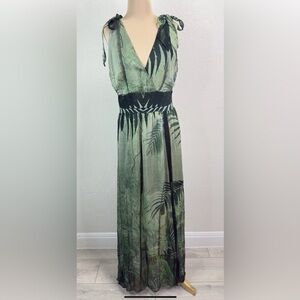 Vintage Guess Italy Green Tropical Floral Print Silk Blend Maxi Dress L
